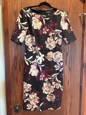 Liz Claiborne Black Midi Dress with Cream & Burgundy Floral Print